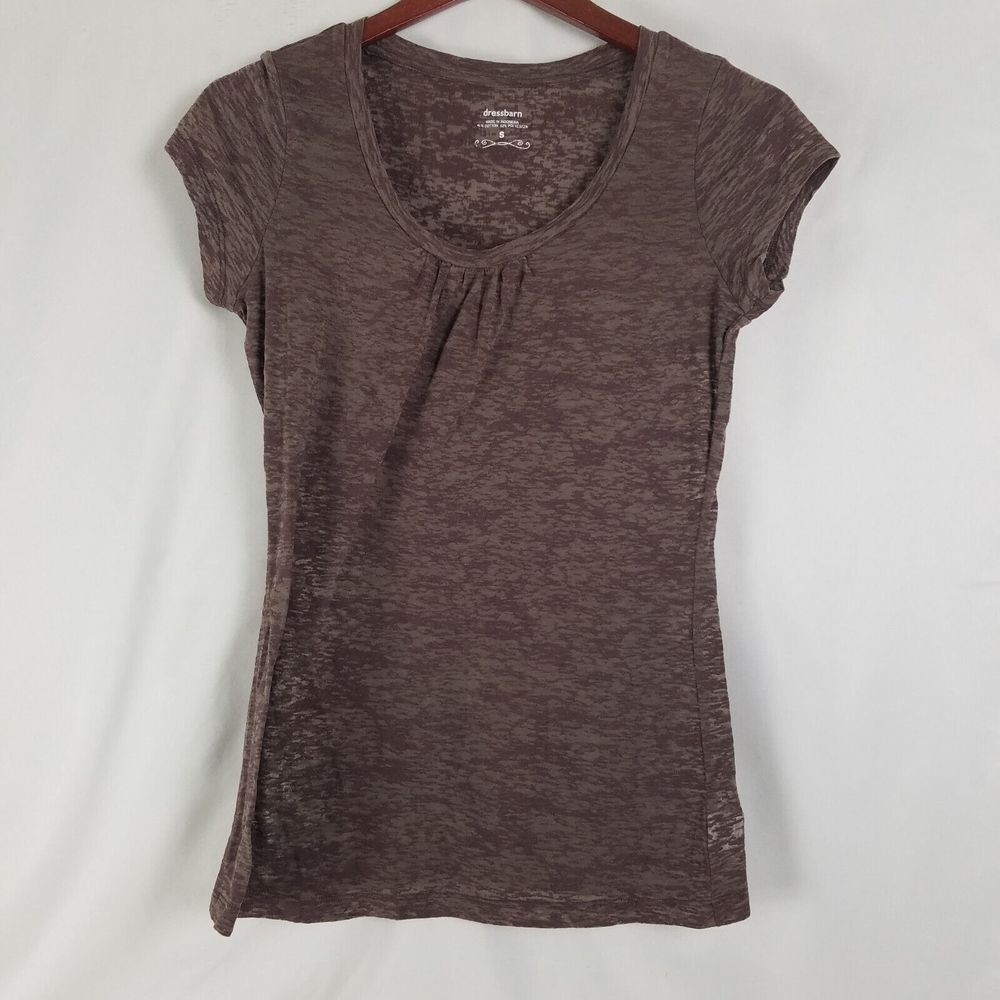 Dressbarn Shirt Womens Small Brown‎ Semi Fitted Top Short Sleeve Scoop Neck